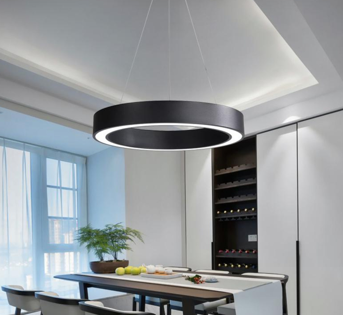 Matte Black Sleek Round Hanging Chandelier